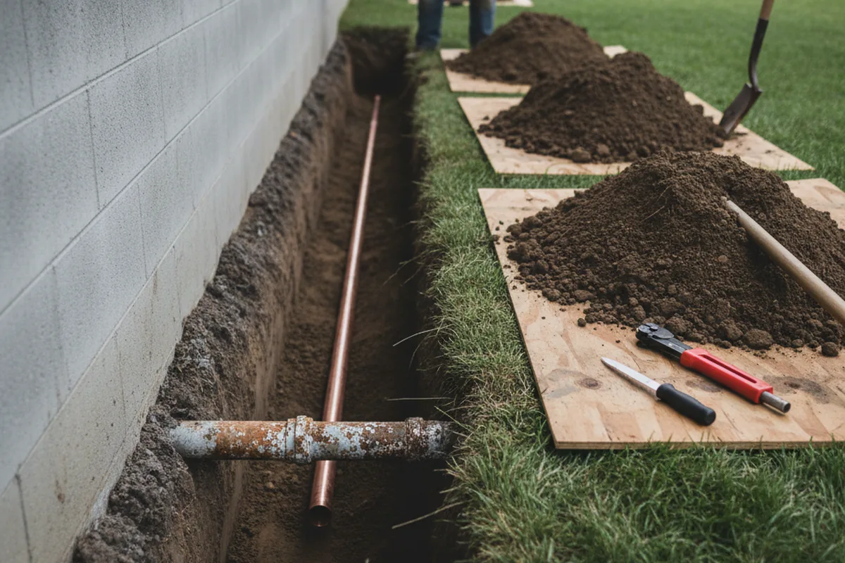 Excavated water line trench during Sewer Line Repair in Cumberland